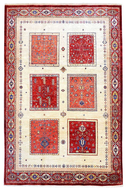 Rug with a red border, light beige field, and several red and blue medallions