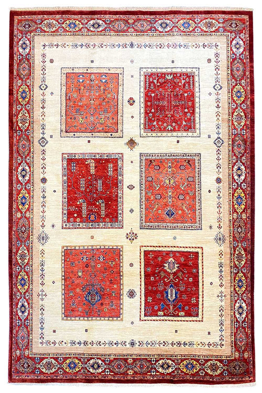 Rug with a red border, light beige field, and several red and blue medallions