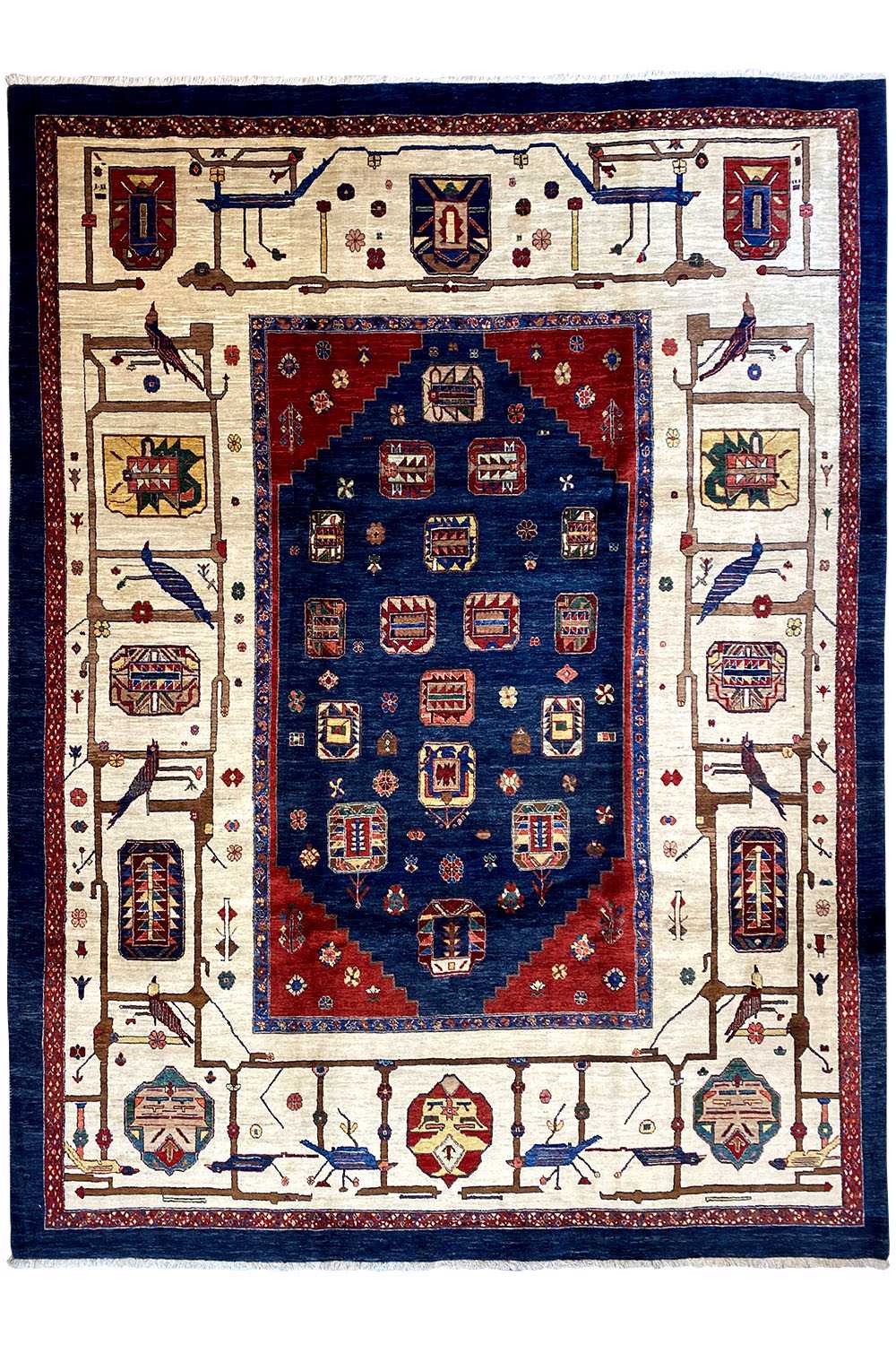 Qashqai exclusive rug with a central blue field, red border, and ornaments