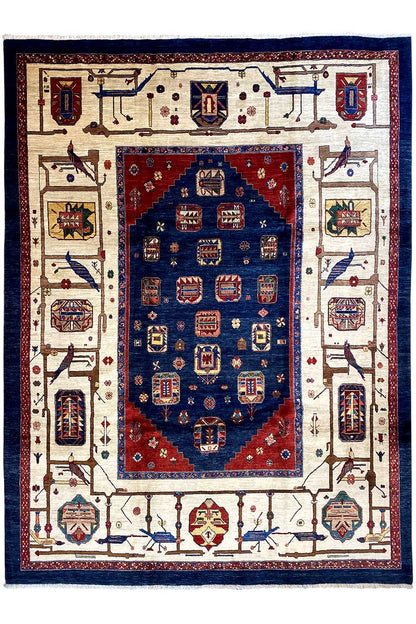 Qashqai exclusive rug with a central blue field, red border, and ornaments