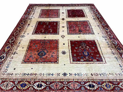 Oriental rug with a red tile pattern on a beige background, rectangular