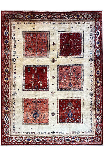 Oriental rug with a red border, beige central field, and four tile motifs
