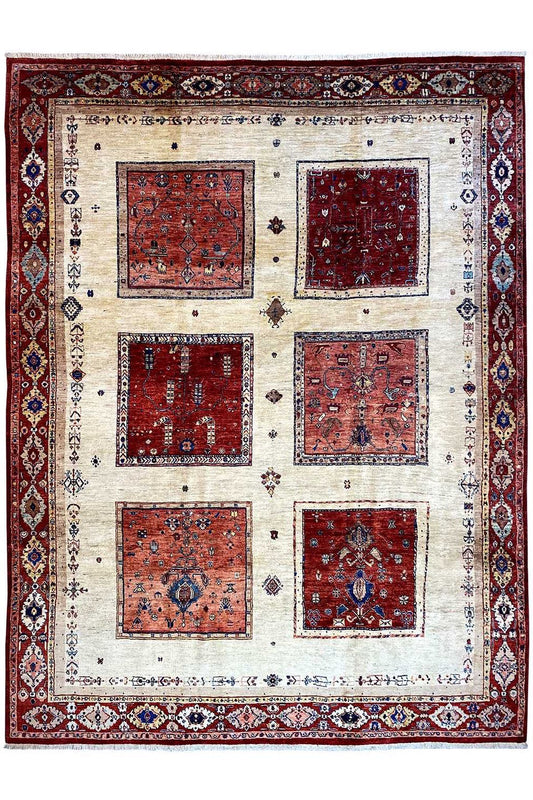 Oriental rug with a red border, beige central field, and four tile motifs