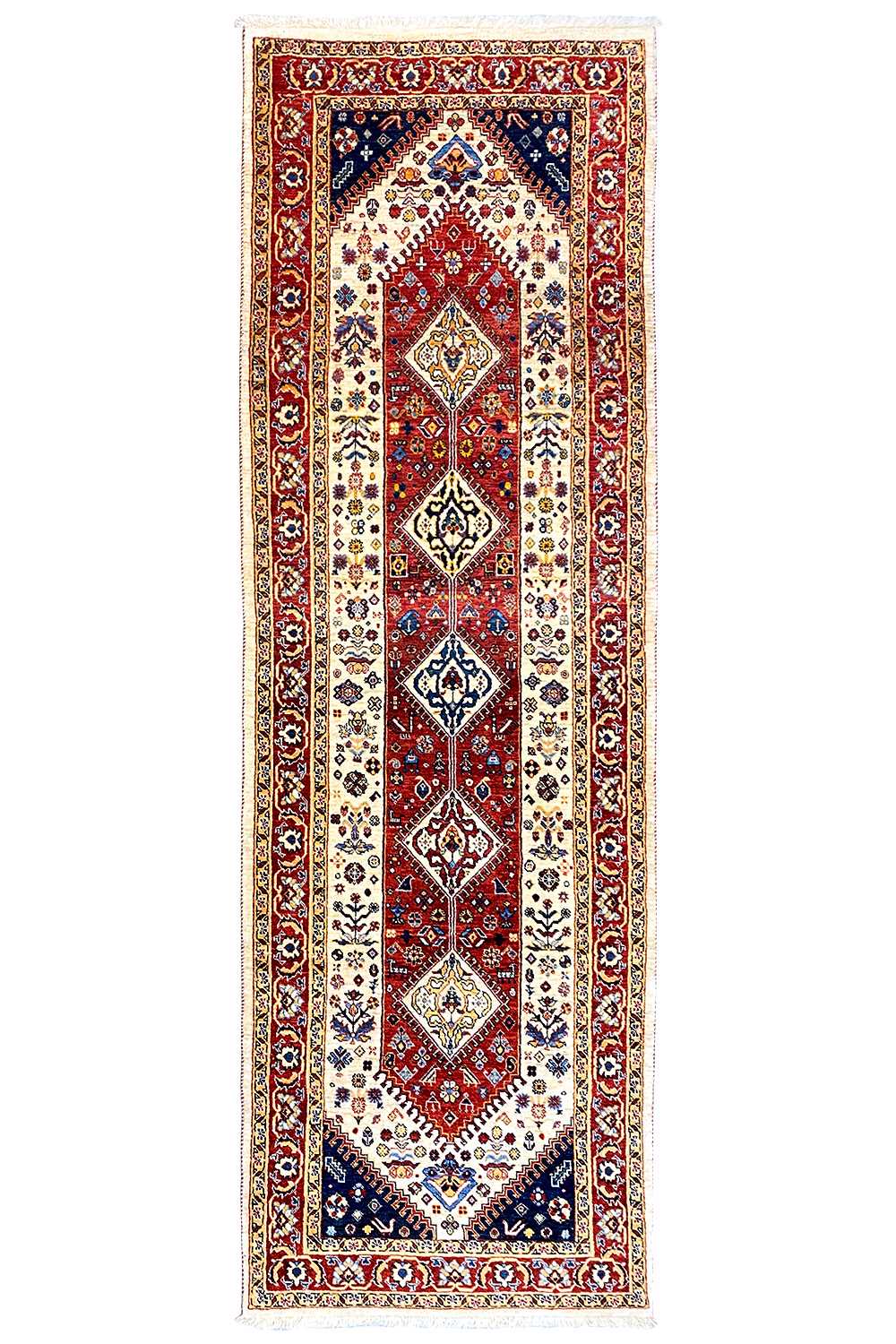 Runner rug with a central medallion, red frame and blue border, rectangular