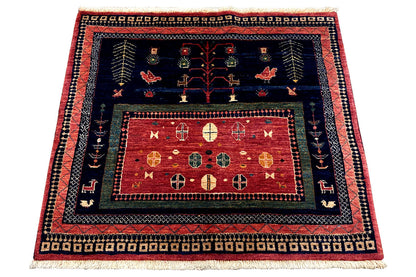 Qashqai Exclusive rug 86x95 cm, symmetrical pattern in blue, red, and gold tones