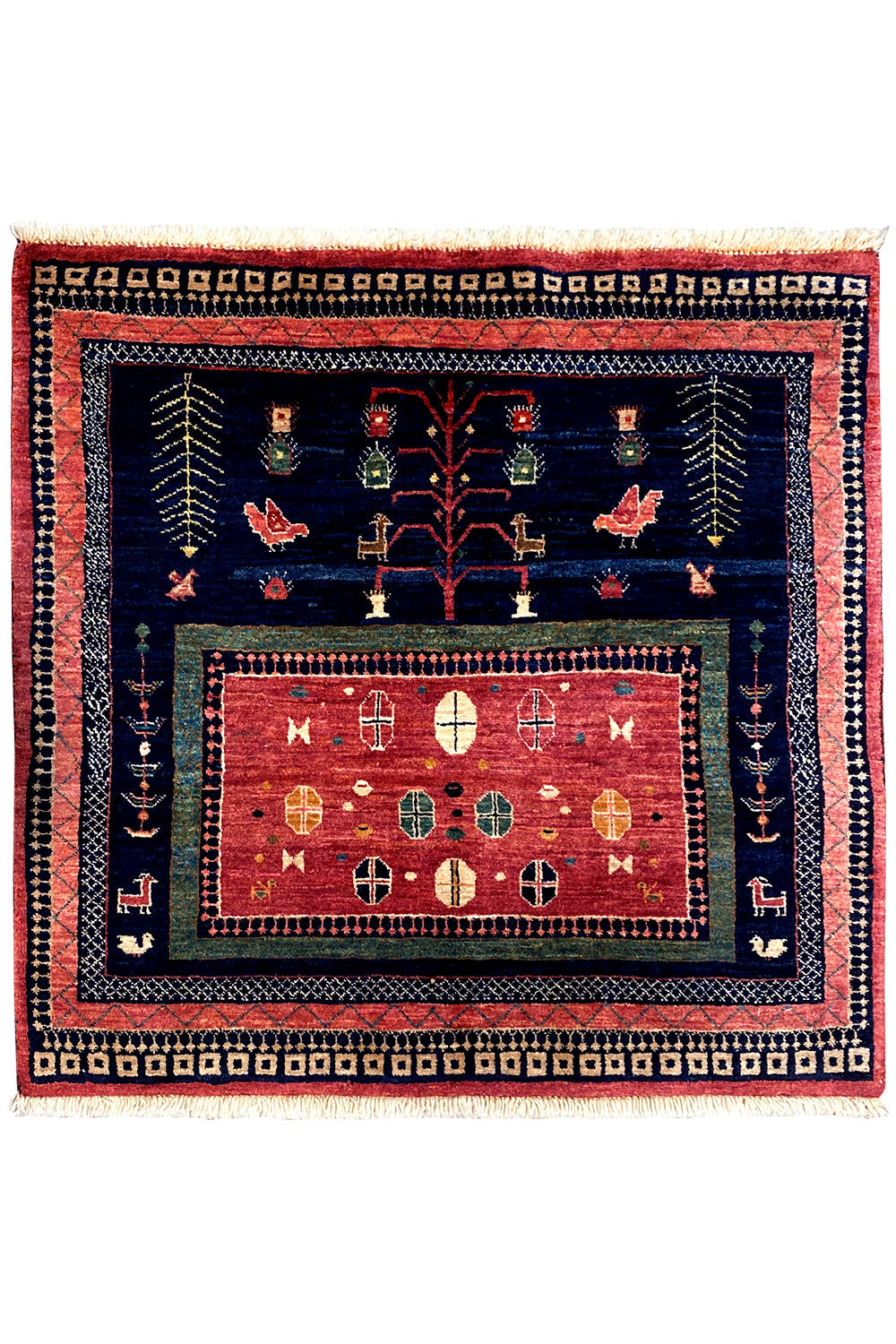 Qashqai Exclusive rug 86x95 cm, blue ornamental field with red central motif and fringes