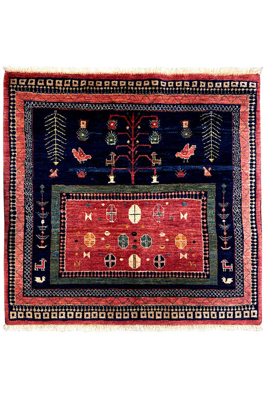 Qashqai Exclusive rug 86x95 cm, blue ornamental field with red central motif and fringes
