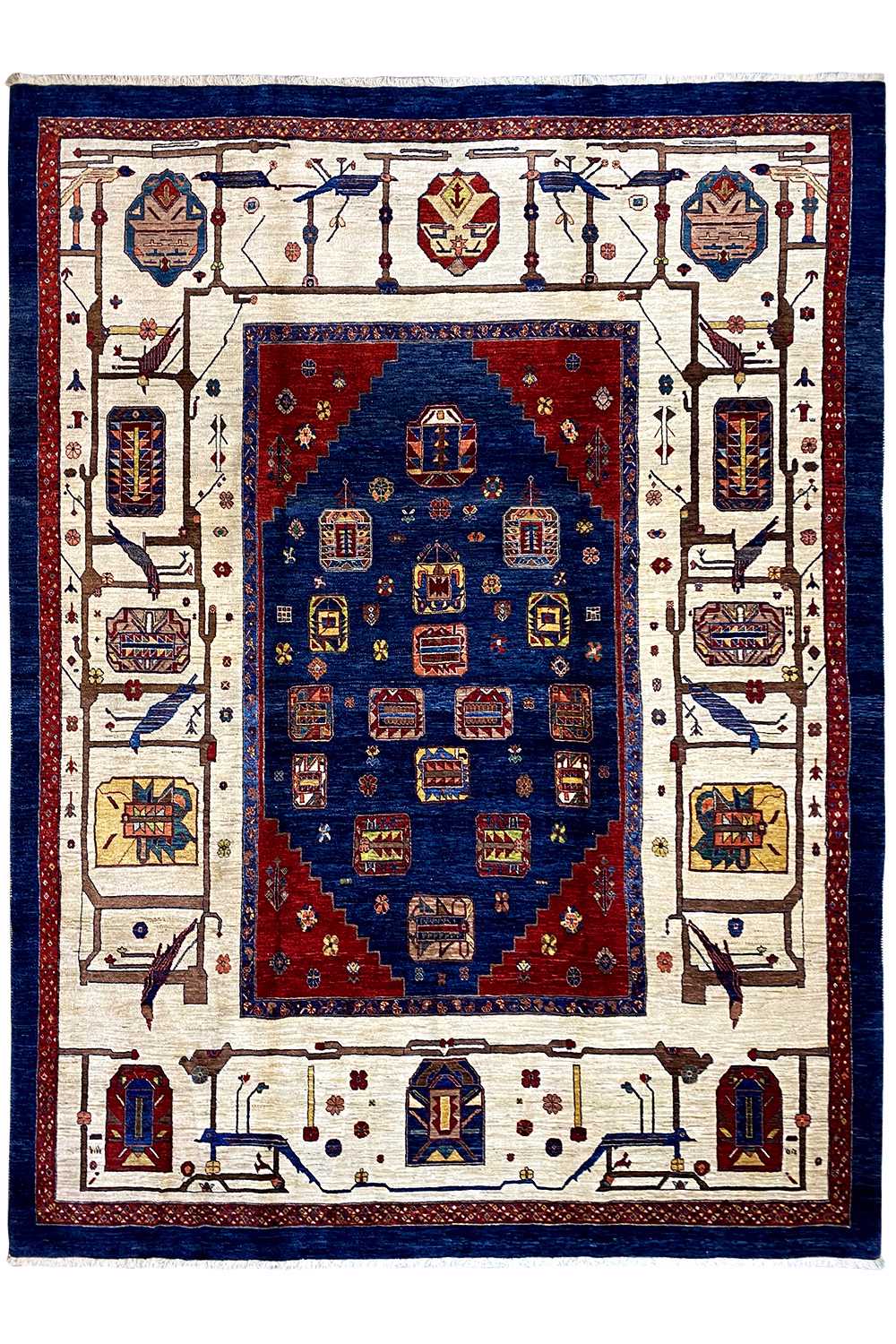 Oriental rug 335x245 cm, front view: blue-red medallion, cream borders with symbols