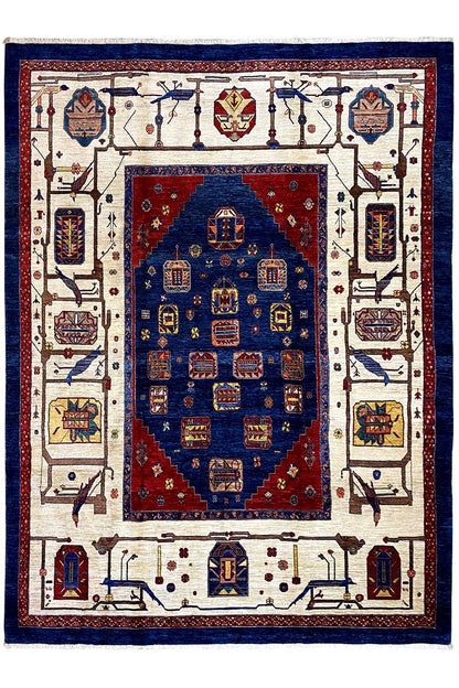 Oriental rug 335x245 cm, front view: blue-red medallion, cream borders with symbols