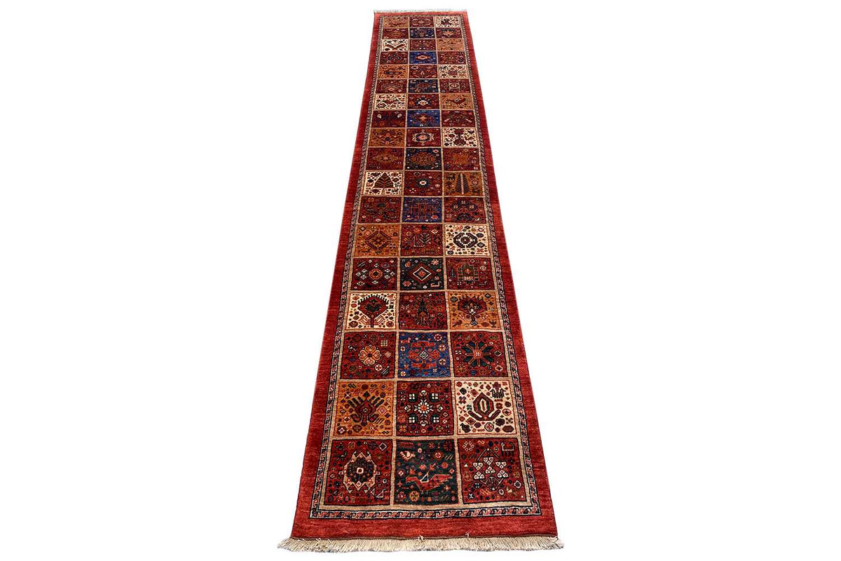Qashqai exclusive runner rug, red patchwork look with blue-and-yellow ornamental panels
