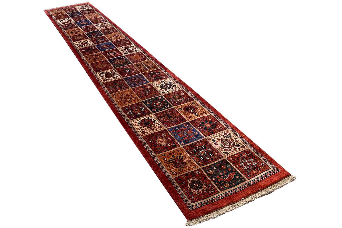 Qashqai exclusive runner rug in a long format, red lattice pattern with multicolored diamonds