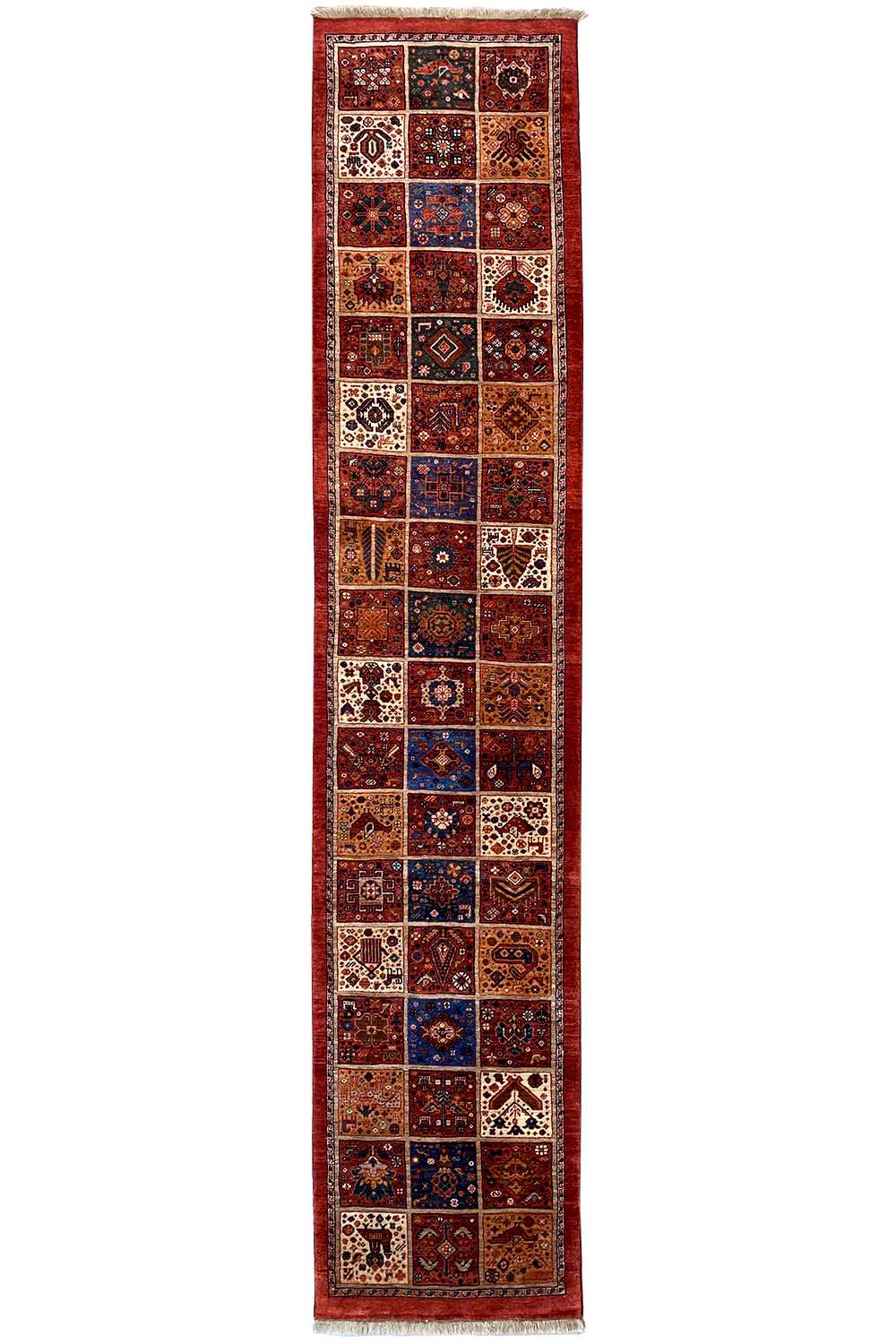 Qashqai exclusive runner rug with a red pattern of squares and colorful ornaments