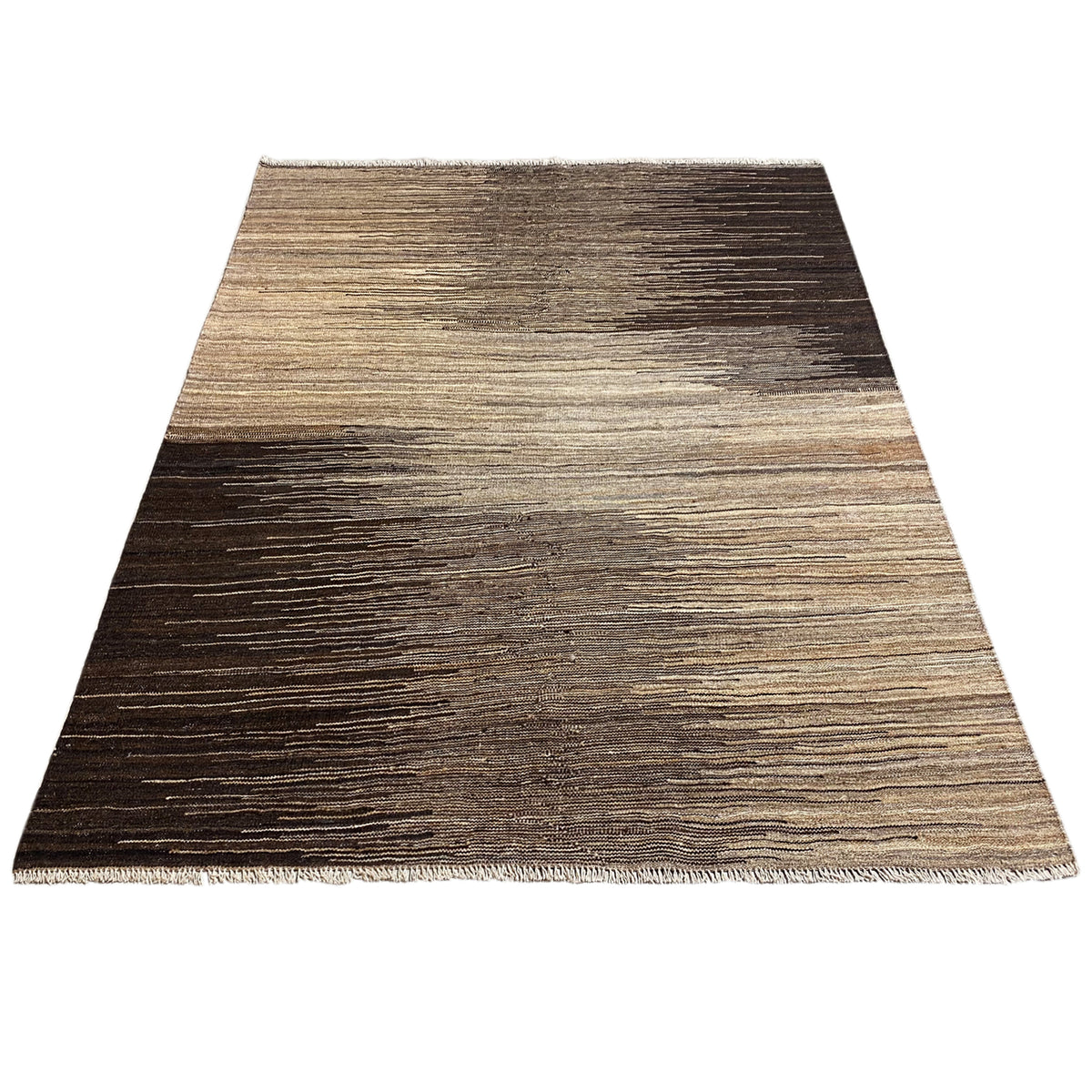 Kilim rug with a diagonal stripe pattern, light beige and dark brown, trapezoidal