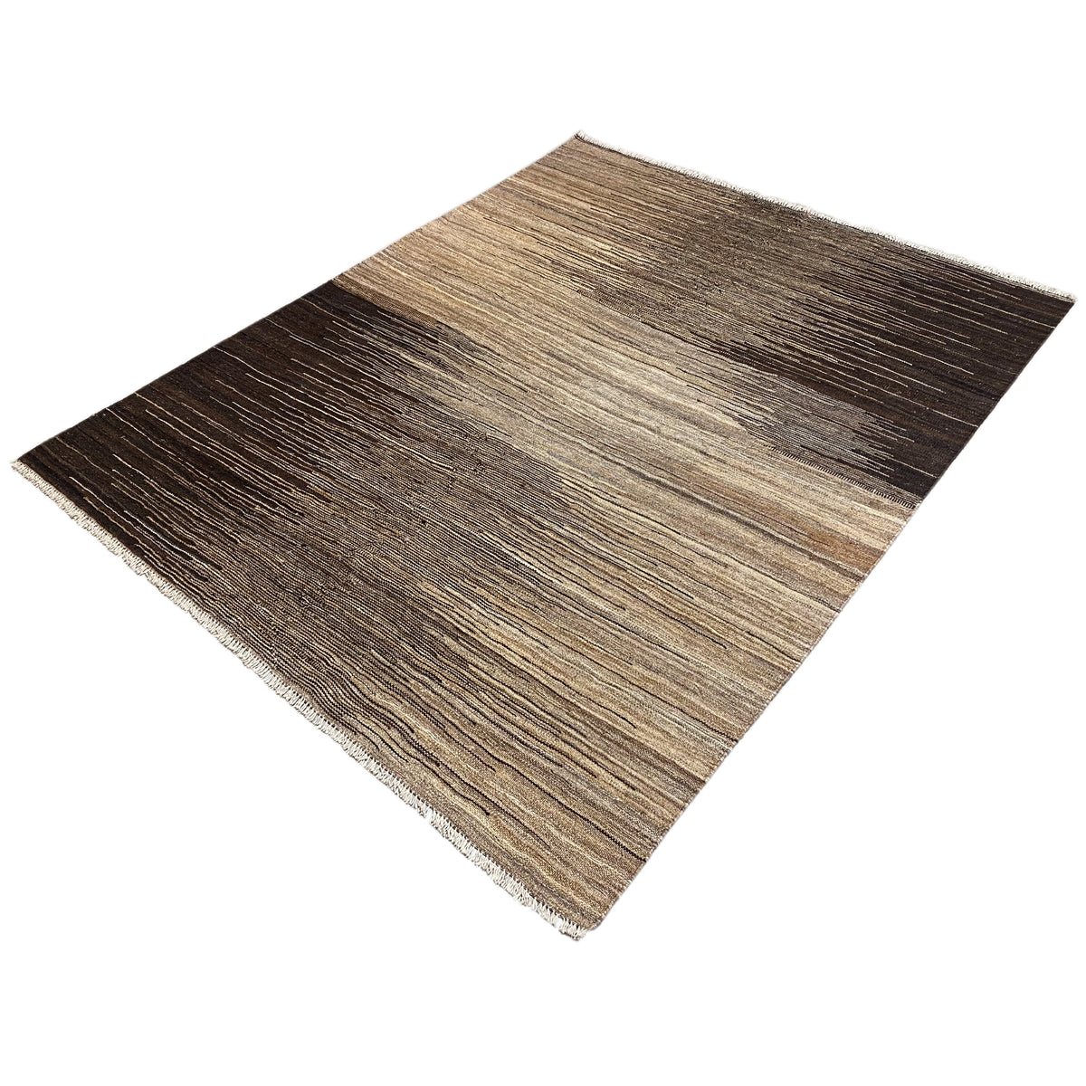 Kilim rug with striped sections, light beige and dark brown, frayed edges