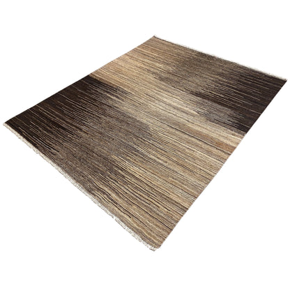Kilim rug with striped sections, light beige and dark brown, frayed edges