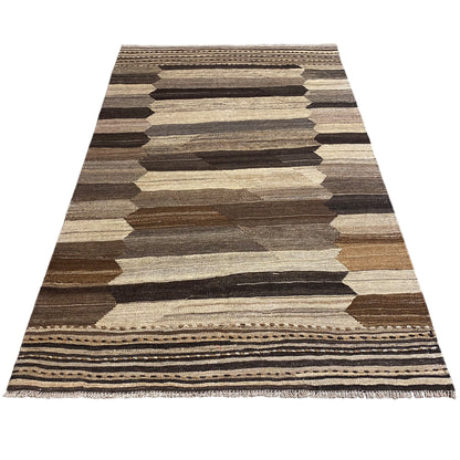 Kilim rug, trapezoidal view, stripes and rectangles in brown and beige