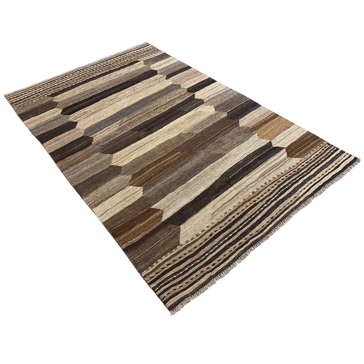 Kelim rug with a diagonal geometric pattern and striped border edge