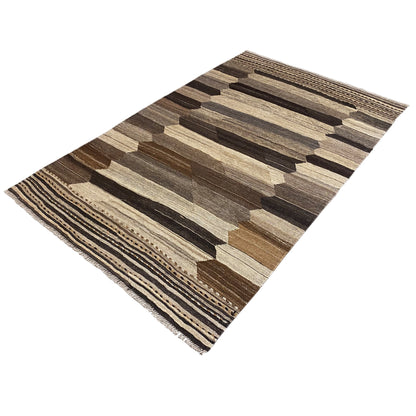 Kilim rug with a cubist rectangular pattern and stripes in beige, brown, and gray