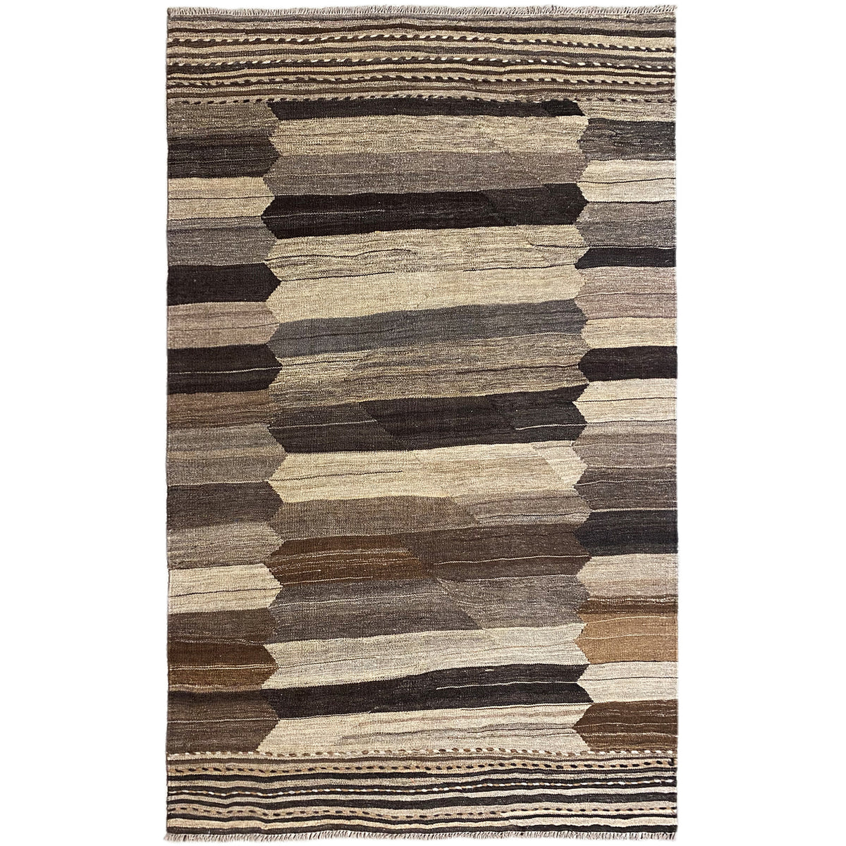 Kilim rug with a geometric rectangular pattern in brown, beige, and gray