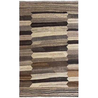 Kilim rug with a geometric rectangular pattern in brown, beige, and gray