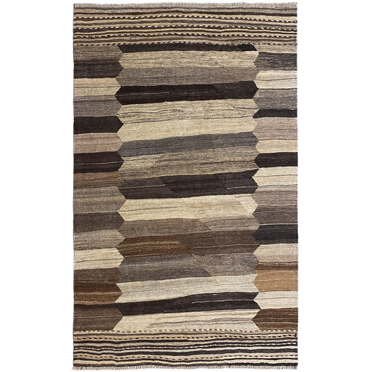 Kilim rug with a geometric rectangular pattern in brown, beige, and gray
