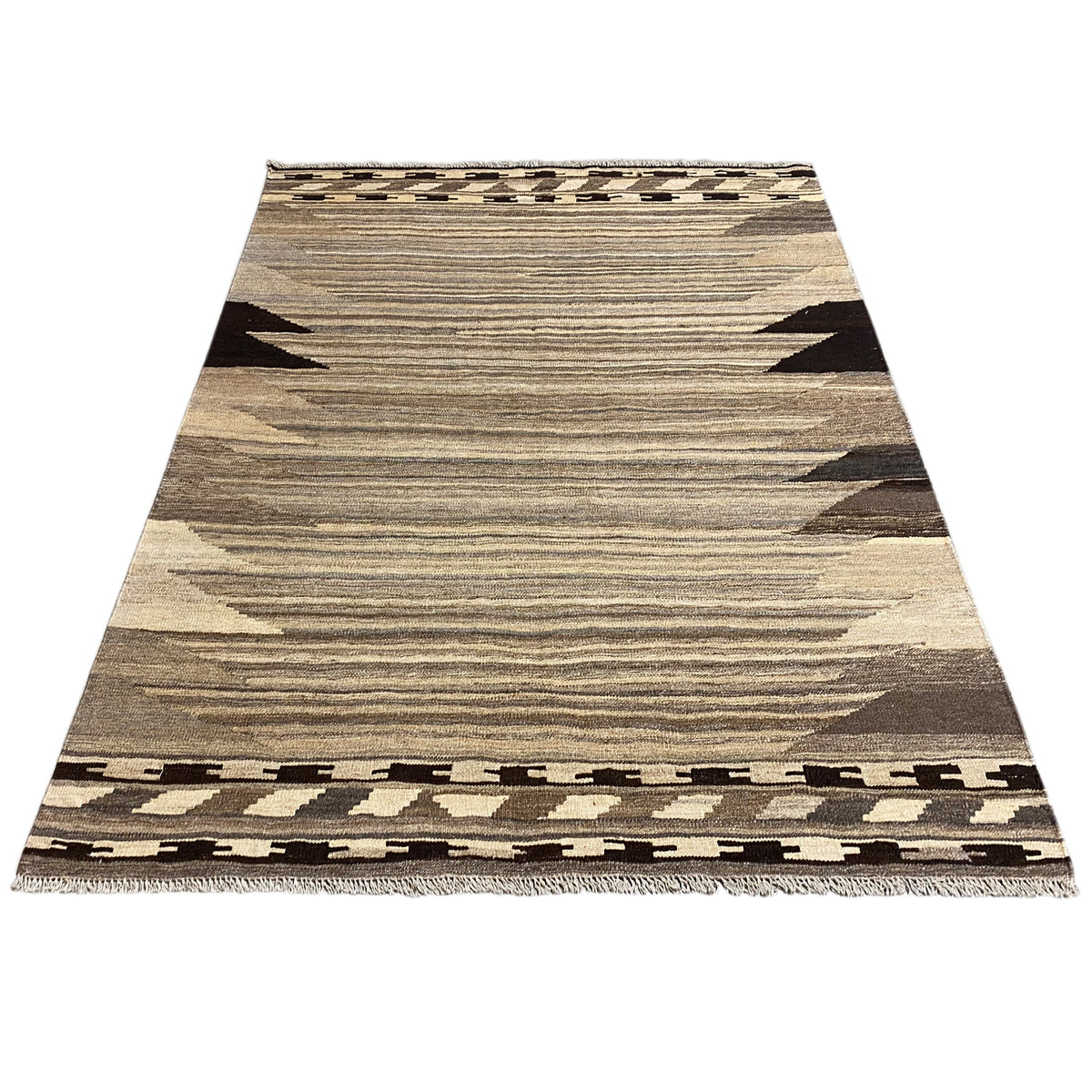 Kilim rug with a centered stripe pattern and dark triangles, rectangular