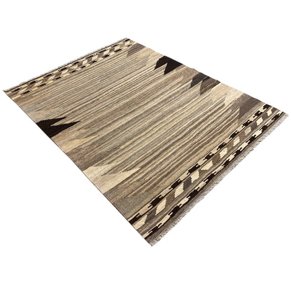 Kilim rug in three-quarter view with a beige background, gray lines, and black motifs