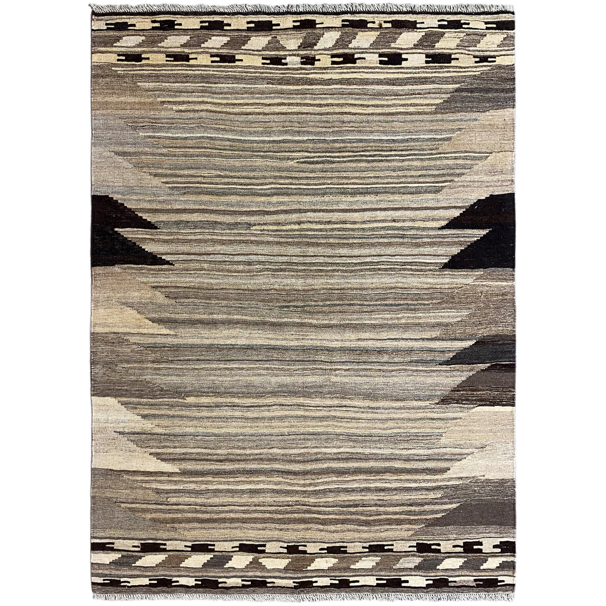 Kilim rug with a geometric pattern, beige and gray stripes, black accents