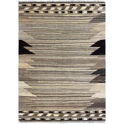 Kilim rug with a geometric pattern, beige and gray stripes, black accents