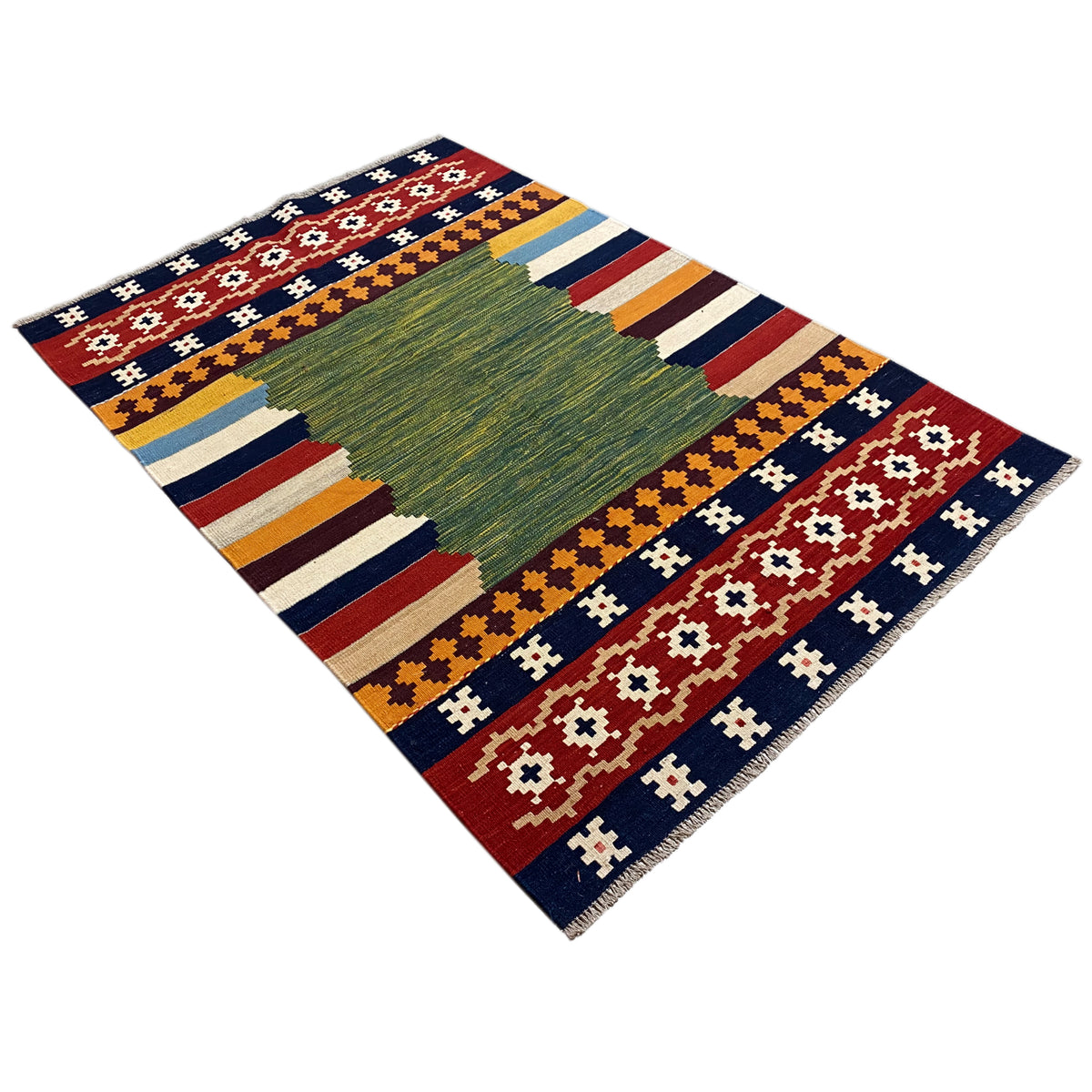 Diagonal kilim rug with a green central motif, stripes, and decorative patterns in red and blue