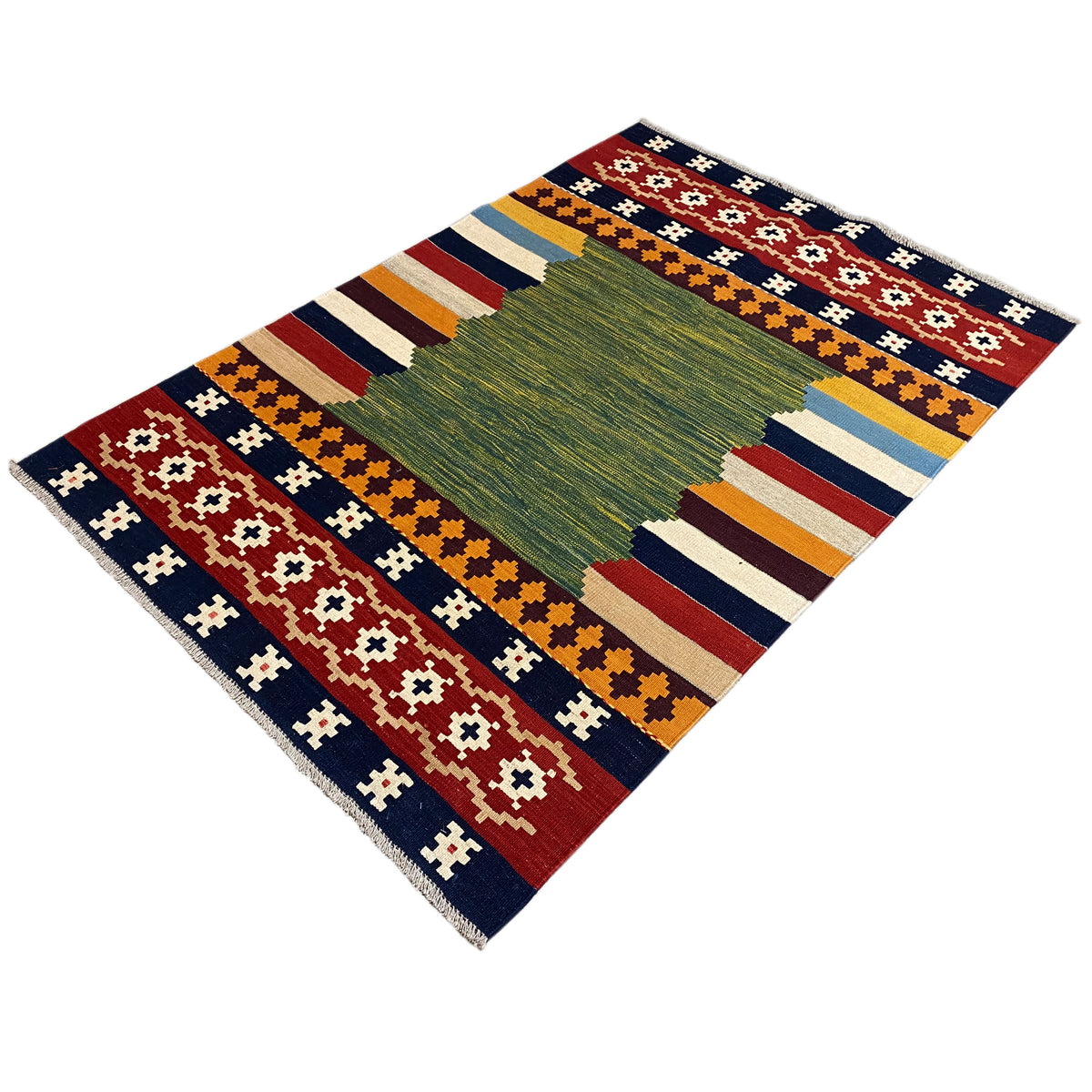 Kilim rug with a diagonal pattern, a green central motif, border ornaments, and colorful stripes