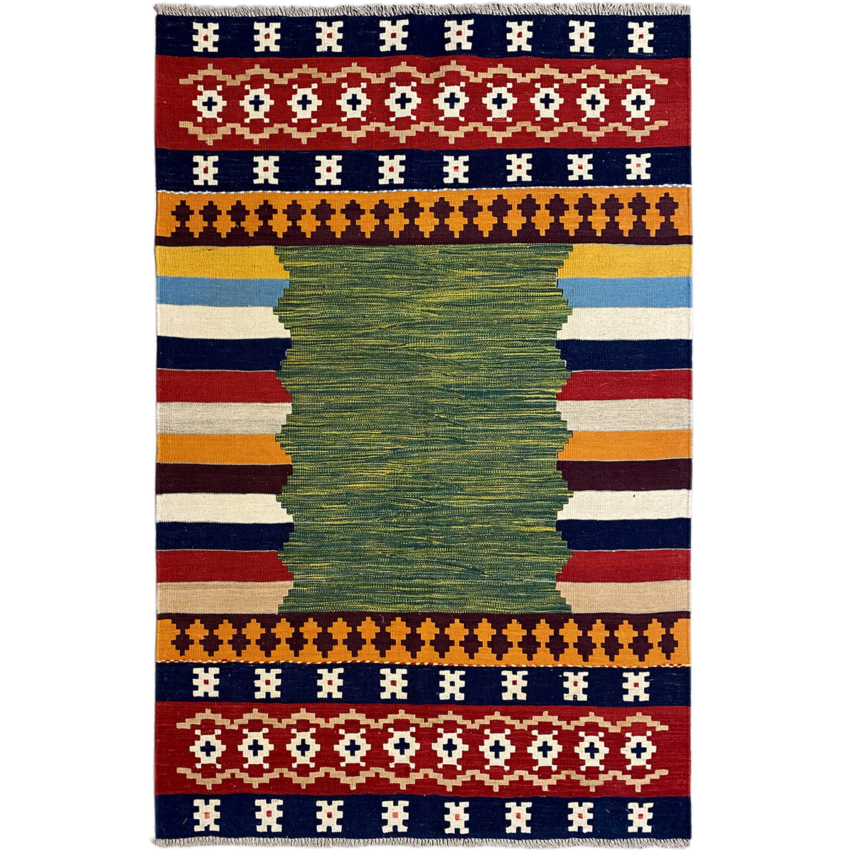 Kilim rug with a green central motif and geometric borders in blue, red, and beige