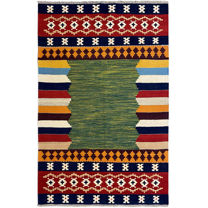 Kilim rug with a green central motif and geometric borders in blue, red, and beige