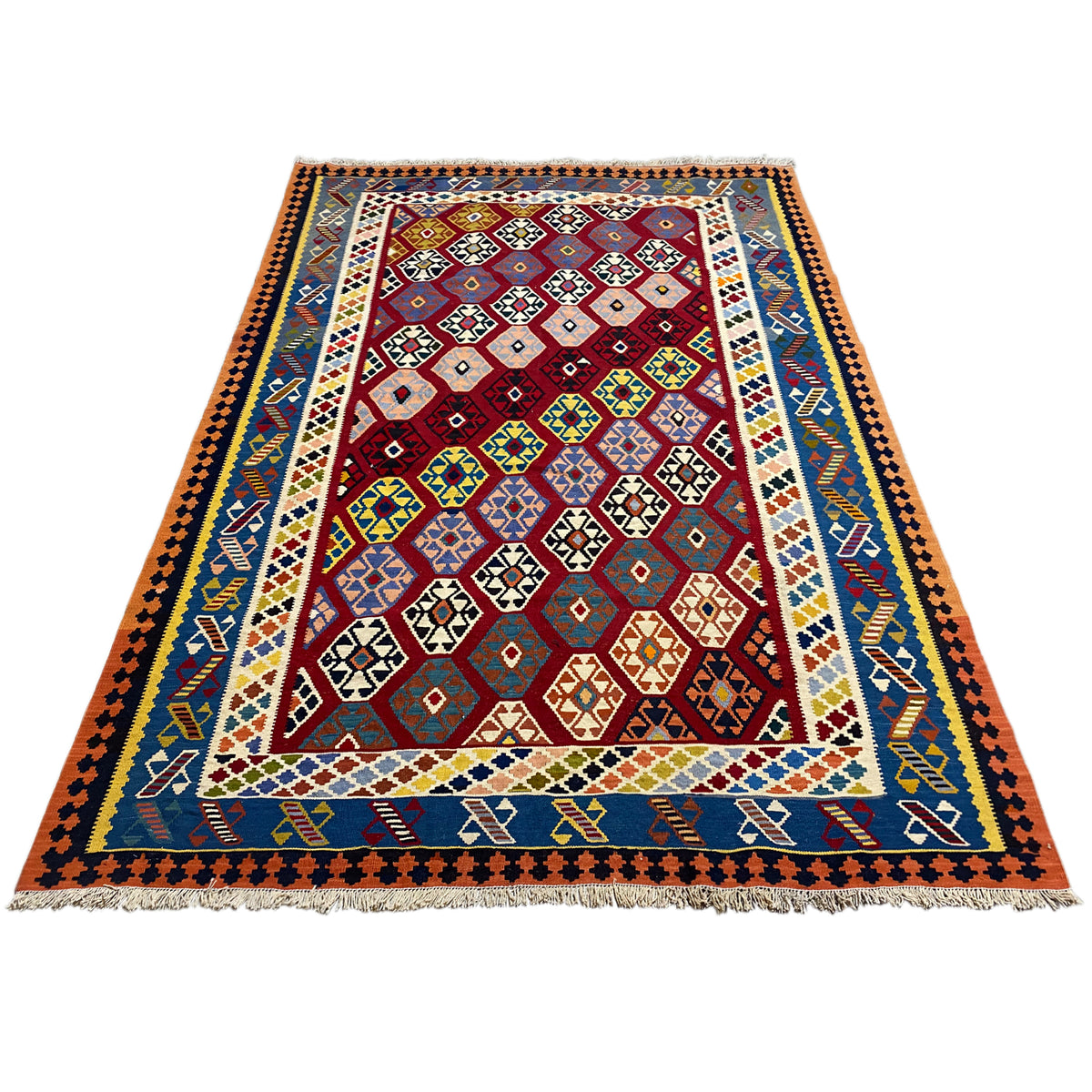 Qashqai kilim rug, flat-woven, with a wide border, colorful diamond patterns, and fringes