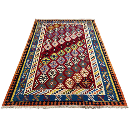 Qashqai kilim rug, flat-woven, with a wide border, colorful diamond patterns, and fringes