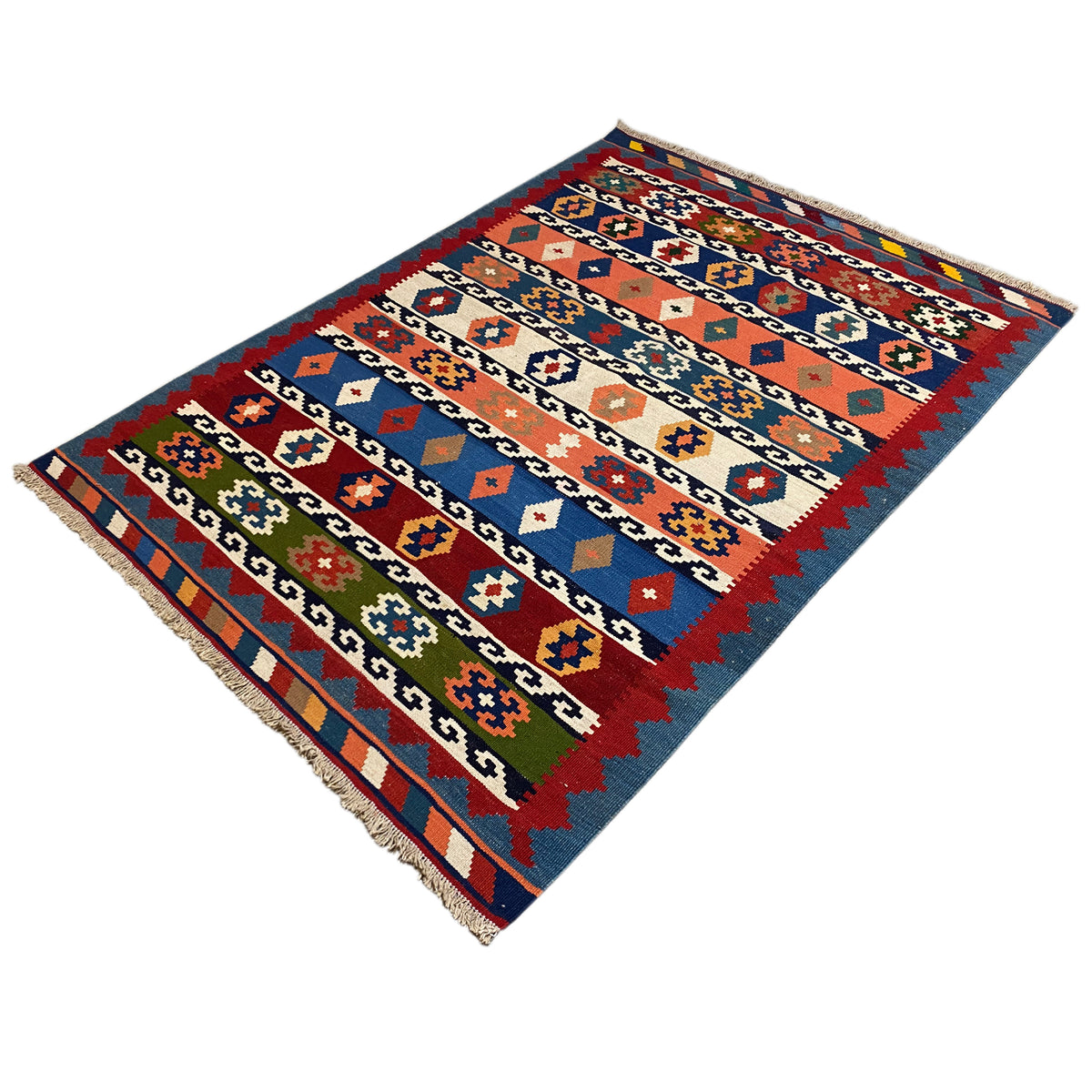Qashqai-style kelim, 200x145 cm, rectangular, colored central band and fringes