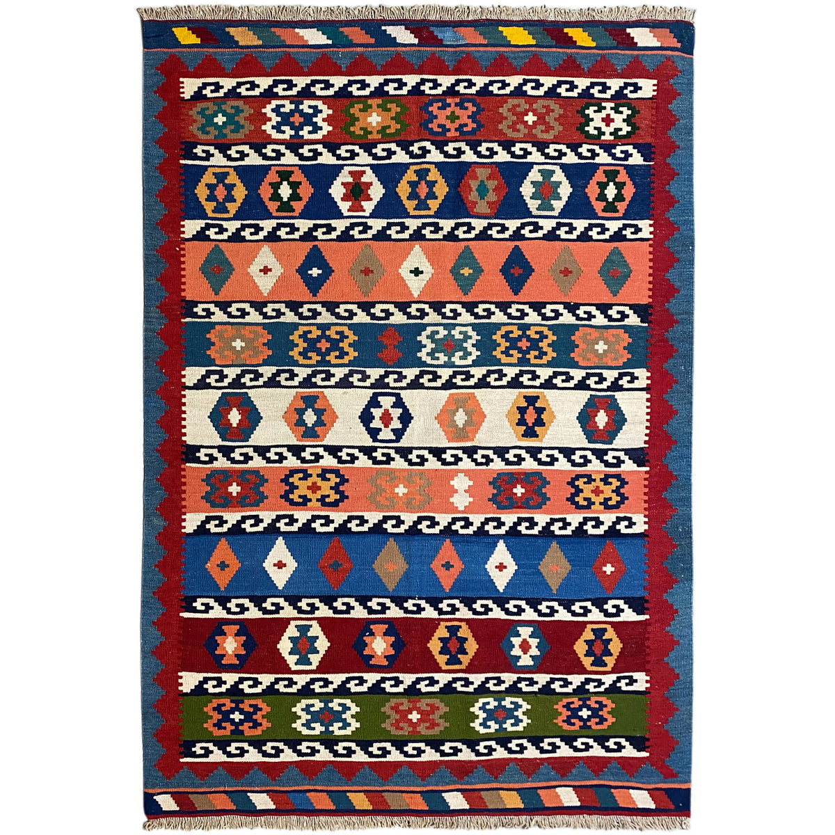 Qashqai-style kilim, 200x145 cm, all-over pattern in blue, red and beige