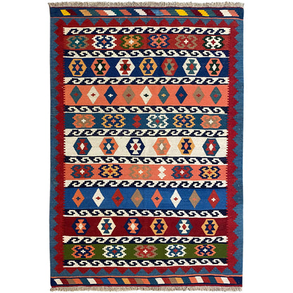 Qashqai-style kilim, 200x145 cm, all-over pattern in blue, red and beige