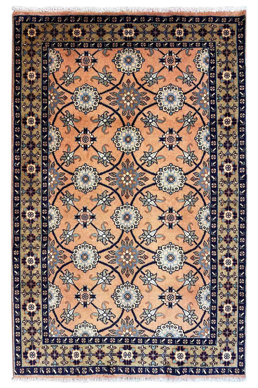 Oriental rug 148x107 cm: orange medallions, dark border and ornamental pattern