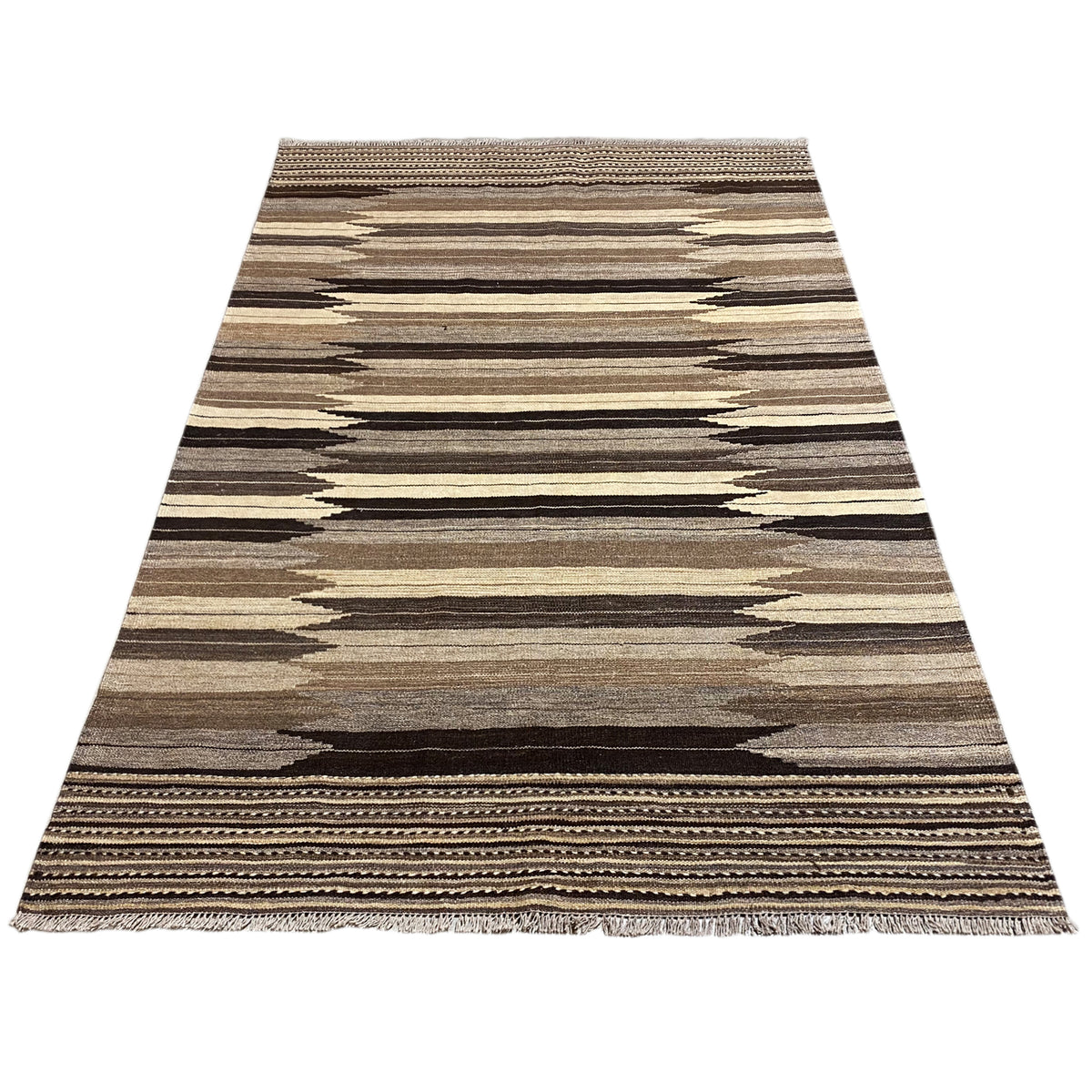 Rug with diagonal stripes and a border, beige-gray-dark brown