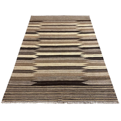 Rug with diagonal stripes and a border, beige-gray-dark brown