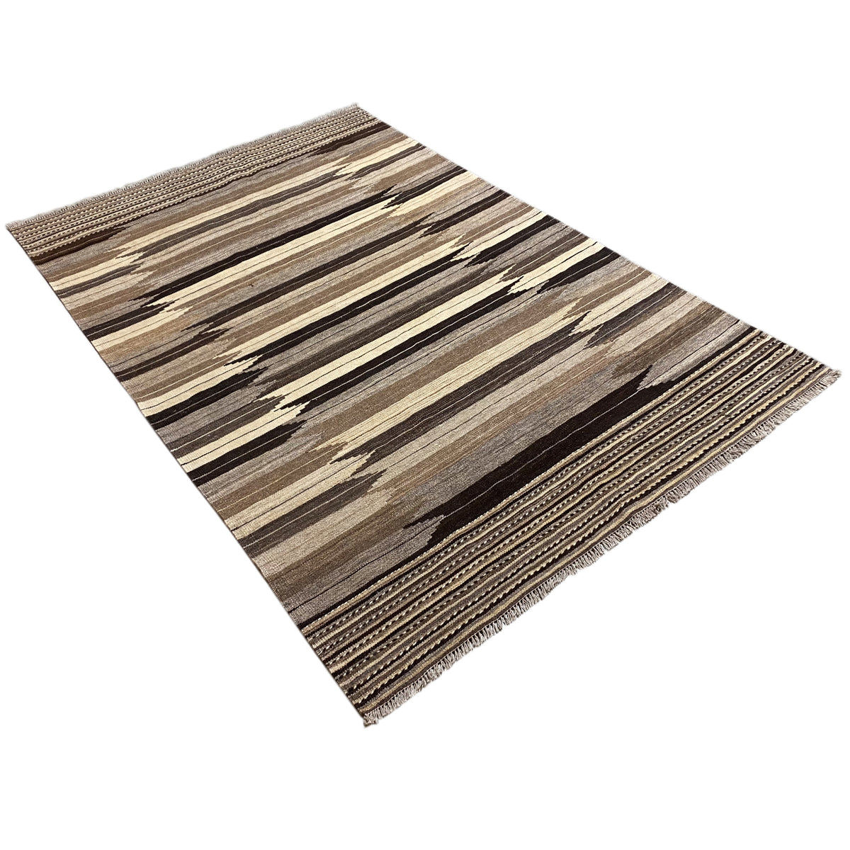 Carpet in angled view with a striped pattern, narrow border, and fringes