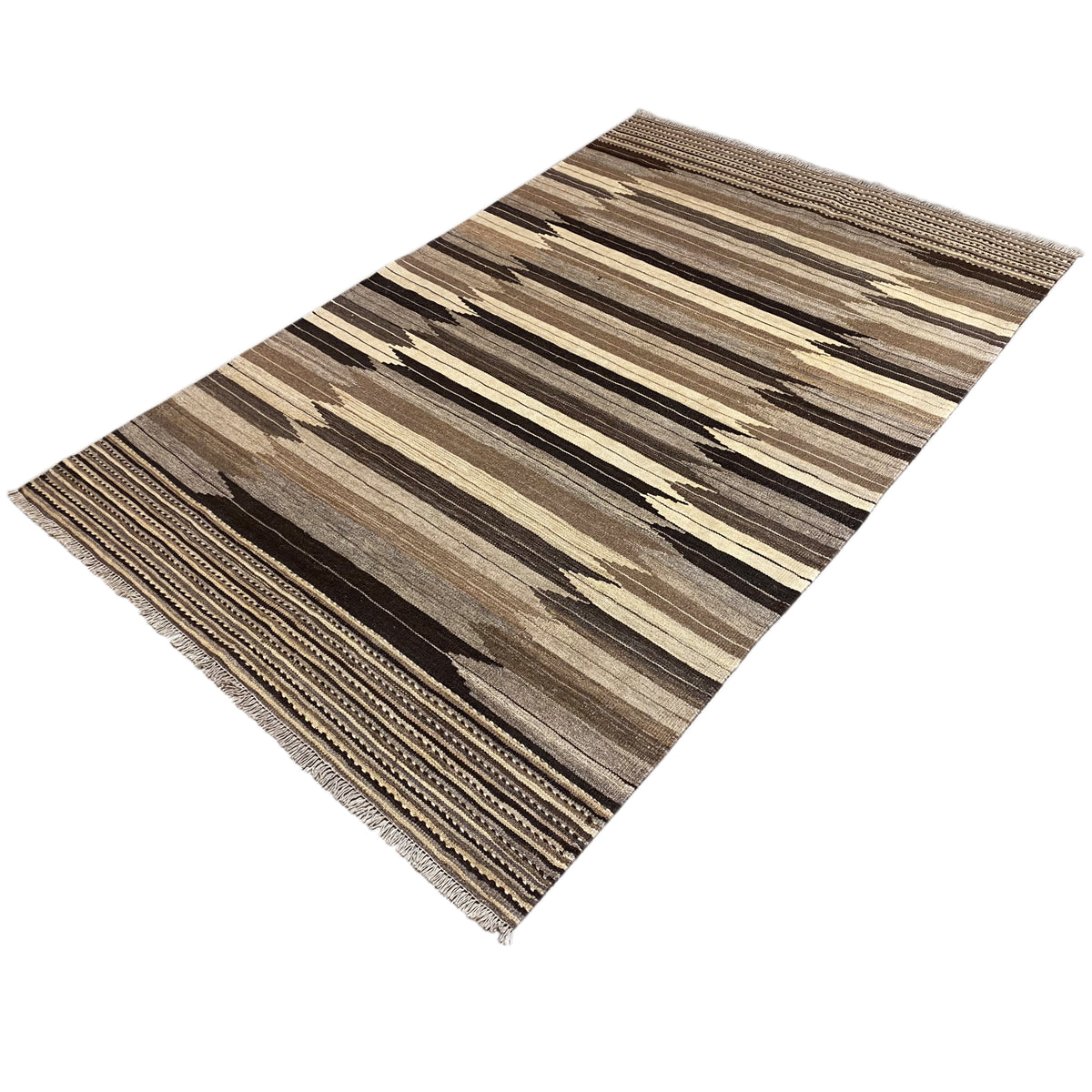 Rug with geometric stripes, beige accents, framed with a border