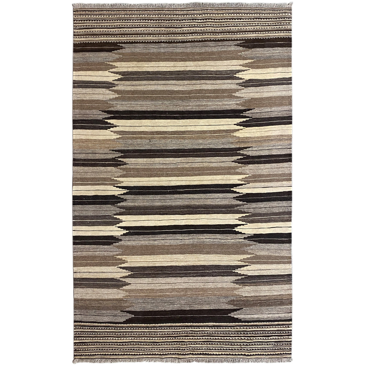 Rug with a geometric striped pattern in beige, gray and dark brown, with a border