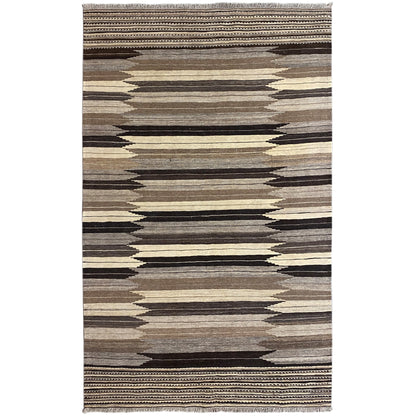 Rug with a geometric striped pattern in beige, gray and dark brown, with a border