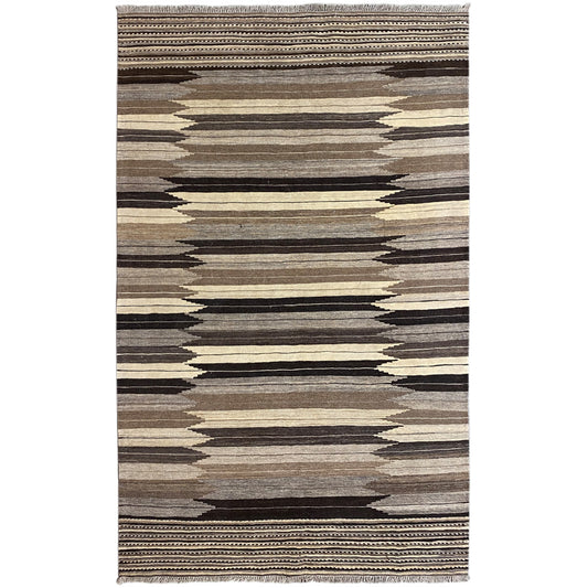 Rug with a geometric striped pattern in beige, gray and dark brown, with a border