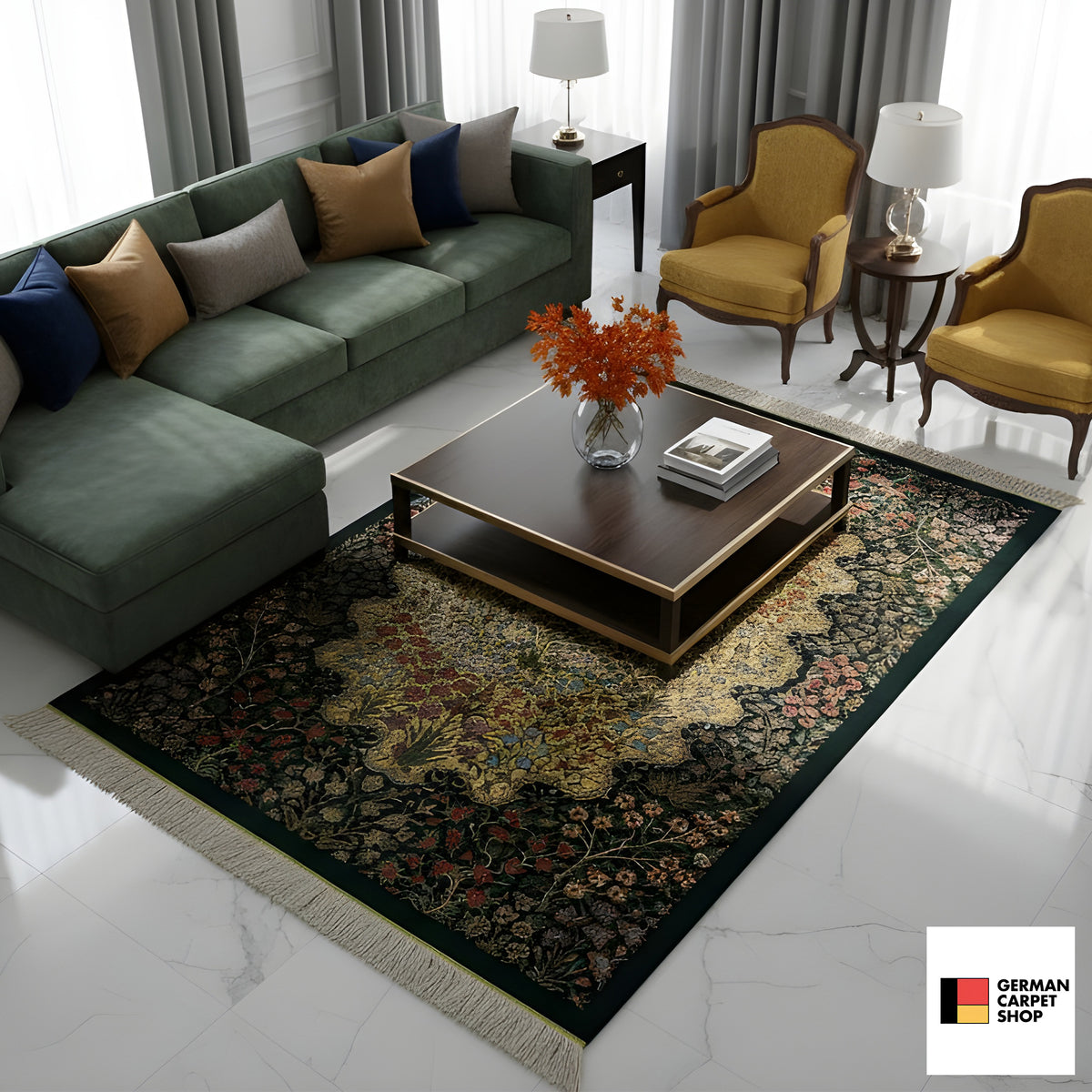 Floral-patterned silk rug with fringe, dark green and yellow