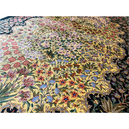 Close-up of silk carpet: dense floral pattern in blue, yellow, red and green