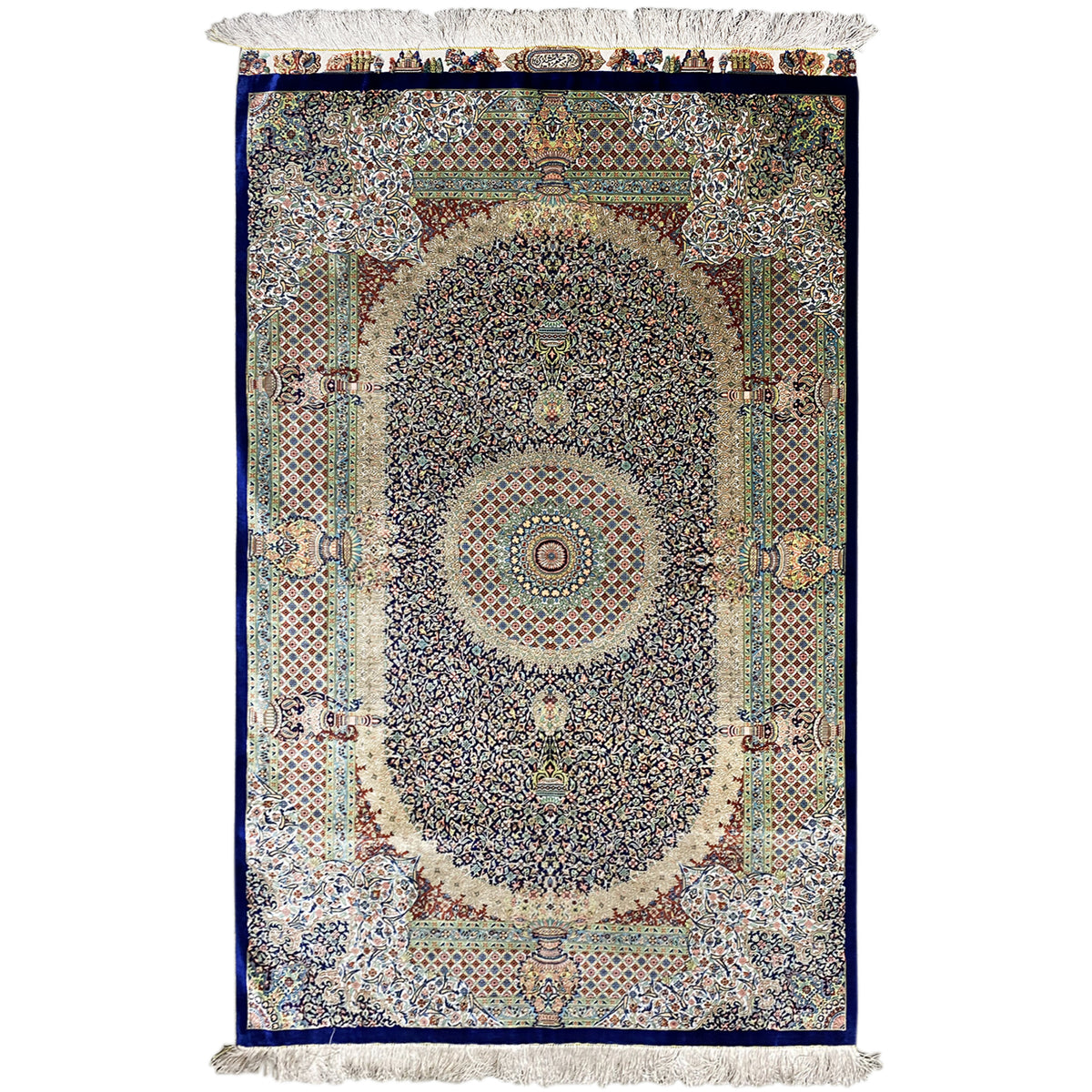 Rug 156x102 cm with medallion pattern, blue border and fringes