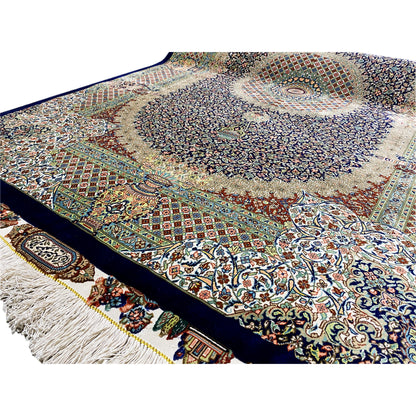 Ghom rug 156x102 cm with an oriental pattern, multicolored, dark blue border